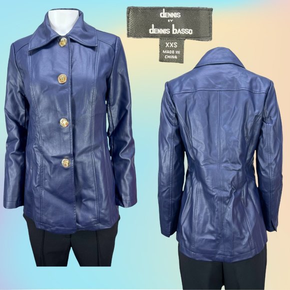 Blue Faux Leather Dennis by Dennis Basso Turn-lock Jacket Sz XXS - Picture 1 of 11